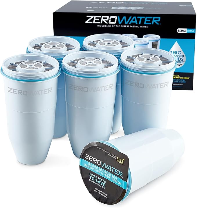 ZeroWater Official 5-Stage Water Filter for Replacement, NSF Certified to Reduce Lead, Other Heavy Metals and PFOA/PFOS, 6-Pack