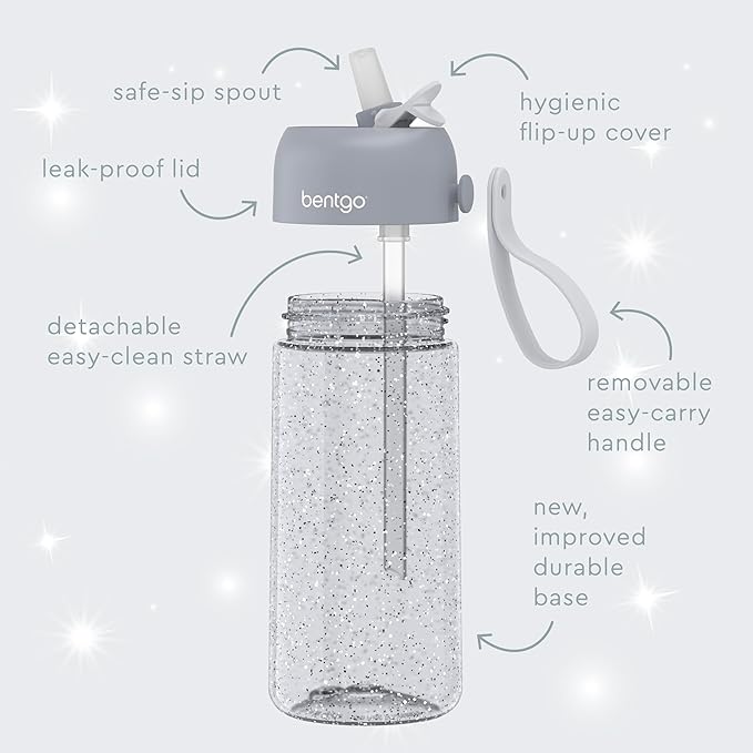 Bentgo Kids Water Bottle - Glitter Design, Leak-Proof, Durable Tritan™ 15 oz Cup for Kids/Toddlers 3+; Flip-Up Straw/Dishwasher Safe for School, Sports, Daycare, Camp (Glitter Edition - Silver)