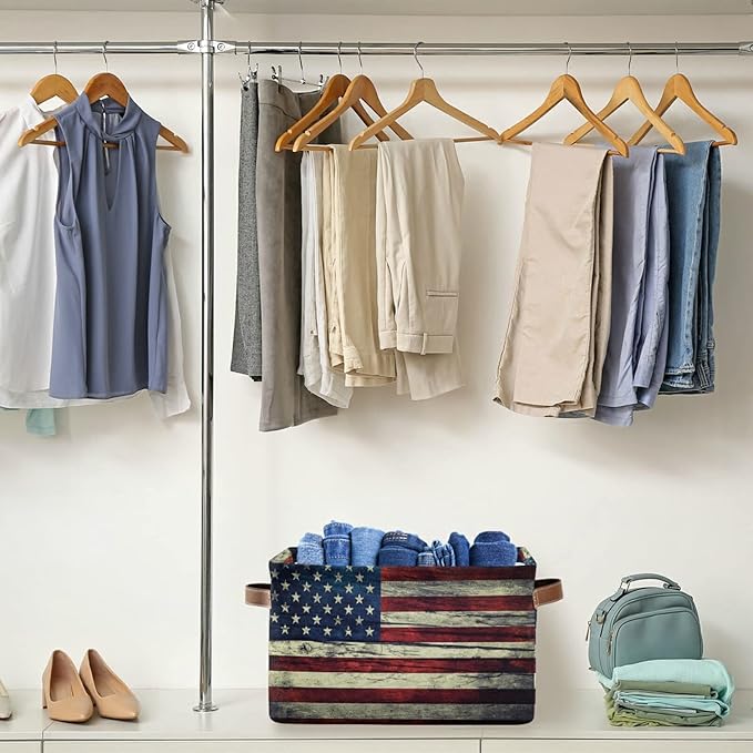 Retro American Flag Storage Basket Collapsible Storage Box with Leather Handles Rectangular Laundry Organizer 1 PC for Bathroom Clothes Kids Toys Nursery