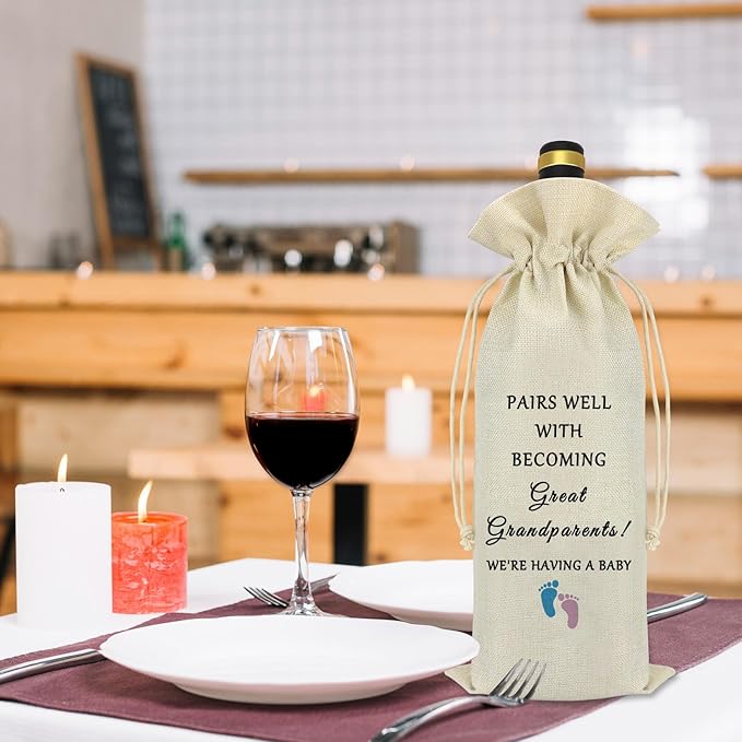 Pregnancy Announcement Gifts for Grandparents Wine Bag Promoted To Grandparents Gift Grandparents Baby Announcement Gifts Promoted To Grandma Grandpa Pregnancy Reveal Gift Drawstring Burlap Wine Bag