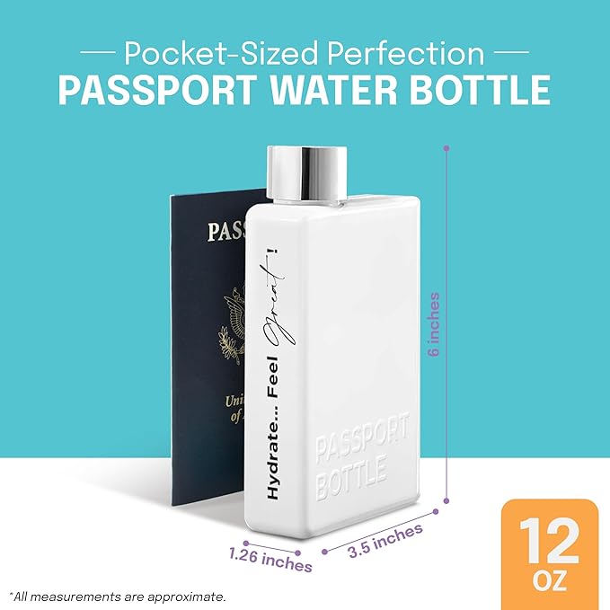 Forest & Twelfth 12 Oz Travel Water Bottle Flat Water Bottle for On-The-Go Hydration, Hydrate… Feel Great! Passport Mini Water Bottle for Gym, Travel, School, Italian Design Portable Water Bottle
