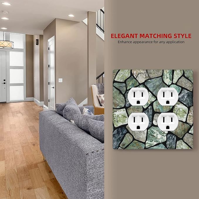 Green Stone Texture Double Outlet Switch Wall Plate Cover Decorative 2-Gang for Electrical Room Bathroom Bedroom Home Kitchen Two Receptacle Polycarbonate Power Gear 4.5" x 2.76"