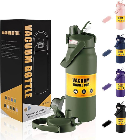 50oz/1.5L Insulated Sports Water Bottle, Stainless Steel Double Wall Water Jug with Handle, 2-in-1 Chug Spout and Straw Lid with Lock Cover for School, Outdoor, Sports & Travel, Army Green