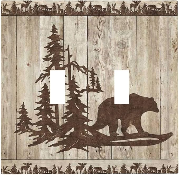 Rustic Wood Bear Forest Double Toggle Light Switch Cover Decorative Vintage Antique Cabin 2 Gang Wall Plate Electrical Faceplate Switchplate for Farmhouse Bathroom Bedroom Living Room Decor