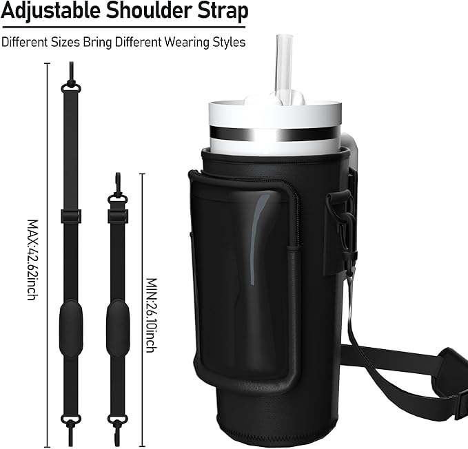Water Bottle Carrier Bag with Phone Pocket for 40oz Tumbler with Handle, Adjustable Strap Neoprene Water Bottle Sleeve Pouch for Hiking Camping Travelling. (Black)