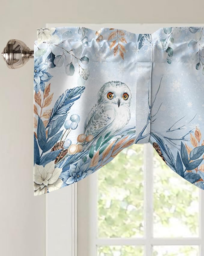 Blue Christmas Blackout Tie Up Valance Curtains for Kitchen Windows Winter Snowy Owl Poinsettia Eucalyptus Leaves Window Toppers Balloon Shades for Living Room/Bathroom/Bedroom,1 Panel, 54" X 18",