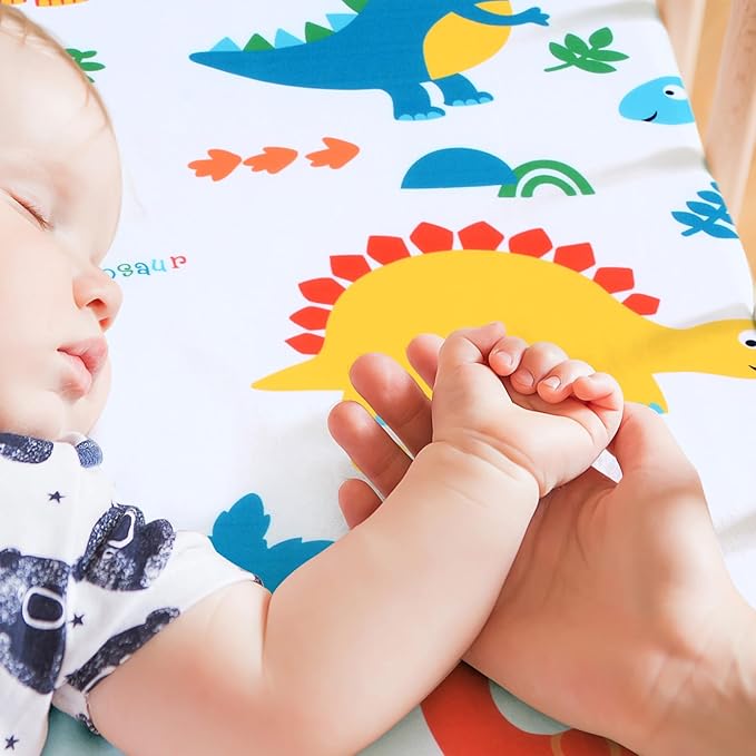 JISEN Baby Crib Sheets 2 Piece Portable Fitted Crib Sheet for Standard Crib and Toddler Mattresses Nursery Bed Decor for Boys Girls 28x52 Inch White/Black Dinosaurs