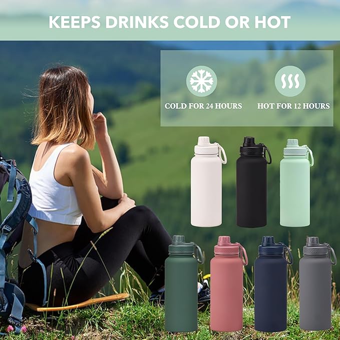 Grey 32 OZ Insulated Water Bottle, Dark Gray Large Metal Insulated Stainless Steel Water Flask, Big Sports Travel Water Bottle with 2 Lids, Insulated Thermos Thermal Mug Cup