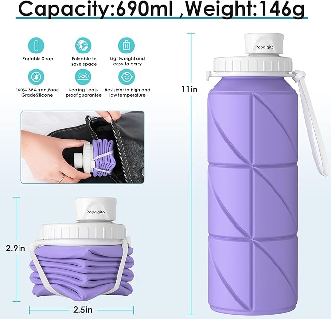 Collapsible Water Bottle Foldable Silicone Travel Water Bottle Leakproof Flexible BPA Free Portable,Folding Water Bottle Lightweight for Camping, Hiking,Sports Water Bottles Travel 23oz