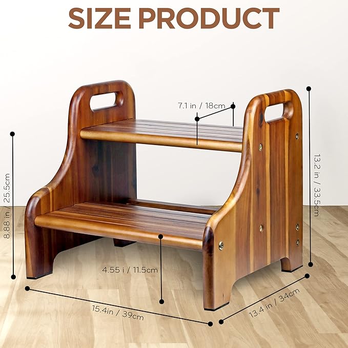 Wood Step Stool for Kids and Toddlers, Natural Acacia Solid Wood, Portable 2 Handles, Wider 2 Steps, Safe Non-Slip Bottom, Rounded Corners, Supports up to 300 lbs, Perfect for Children (Natural)