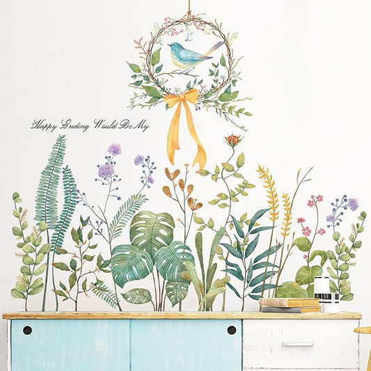 Tropical Green Plants Wall Decals Flowers Wall Corner Stickers Garden Floral Bird's nest Baseboard Skirting Line Wall Stickers for Baby Kids Girls Bedroom Living Room Corners Skirting Lines