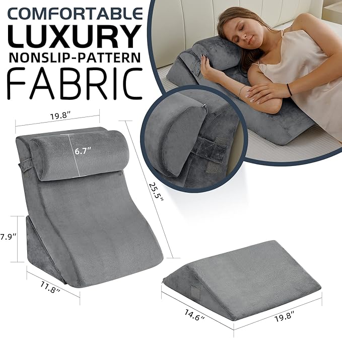 Qirroboni 4PCS Orthopedic Bed Wedge Pillow Set, Adjustable Pillows for Neck, Back and Leg Pain Relief Comfortable & Post Surgery Foam - Heartburn, Anti Snoring, Acid Reflux & GERD Sleeping Light Grey
