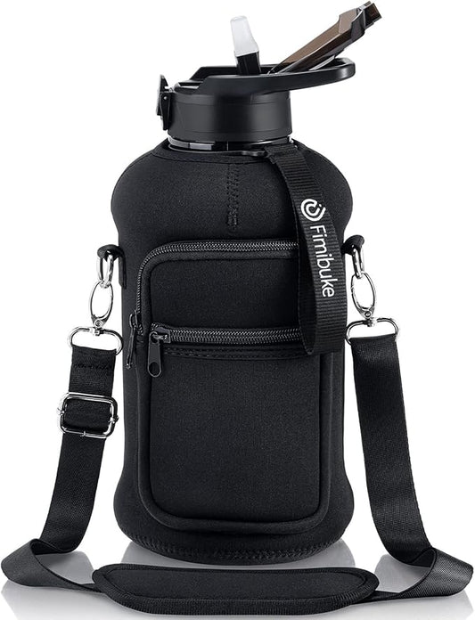 Fimibuke Half Gallon Water Bottle with Sleeve 64 OZ Water Bottle with Handle & Straw Leakproof Motivational Sports Gym Water Bottle with Time Marker BPA Free Water Jug with Reusable Neoprene Holder