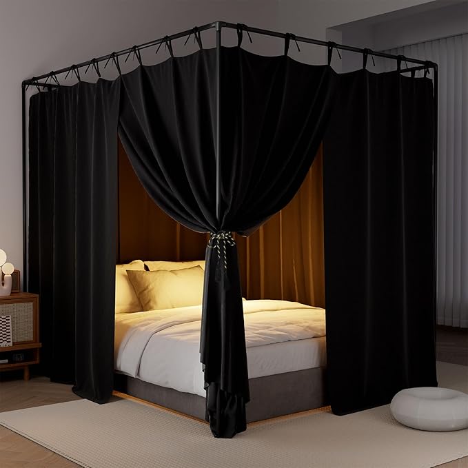 Black Canopy Bed Curtains - 4 Corner Post Bed Curtains Full Size Lightproof Drapes Bed Canopy with Top Ties and Tie Backs for Adults & Girls Bedroom Decoration(Black,Full)