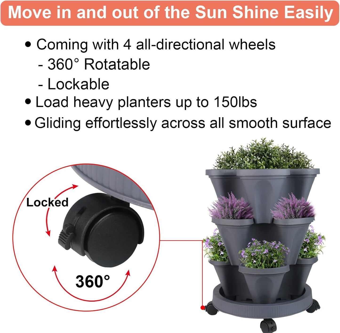 Vertical Planter 3 Tier Stackable Planters Garden Planters Strawberry Herb Flower and Vegetable Planter Indoor Outdoor Gardening Pots with Removable Wheels and Tools