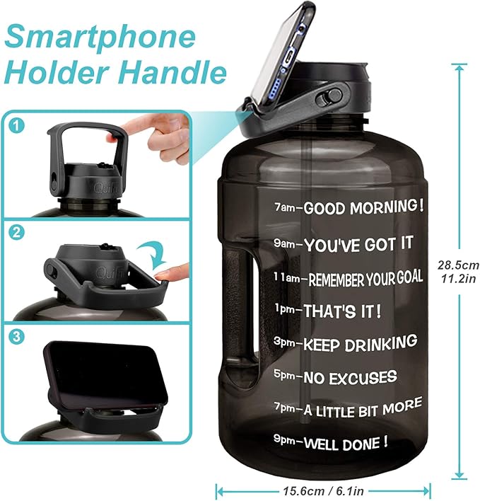 QuiFit 1 Gallon Water Bottle - with Straw & Motivational Time Marker Leak-Proof BPA Free Reusable Gym Sports Outdoor Large(128OZ) Capacity Water Jug(Black,1 Gallon)