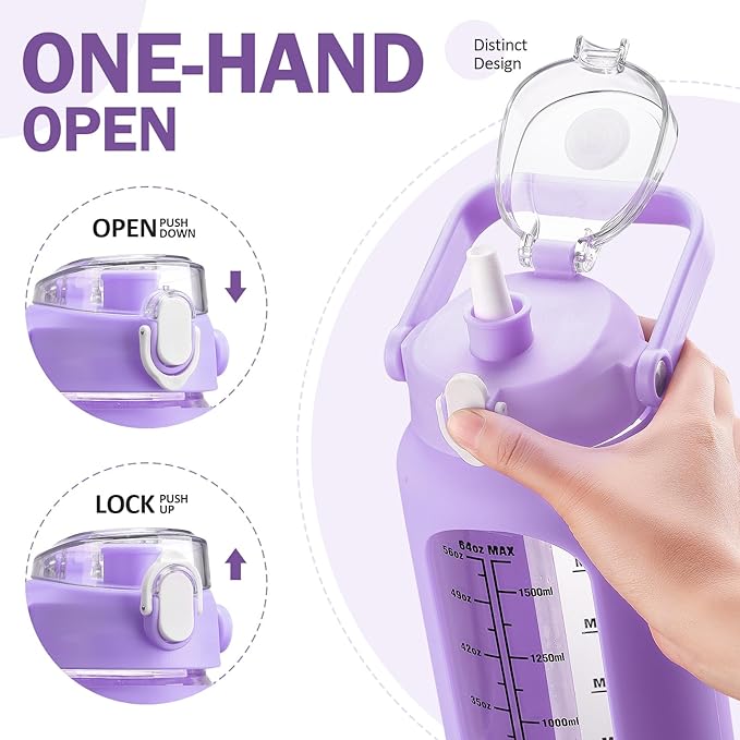 kytffu 64oz Glass Water Bottles with Straw, Half Gallon Motivational Glass Bottle with Silicone Sleeve and Time Marker, 2L Leakproof Large Glass Water Jug for Gym Home Office, Purple