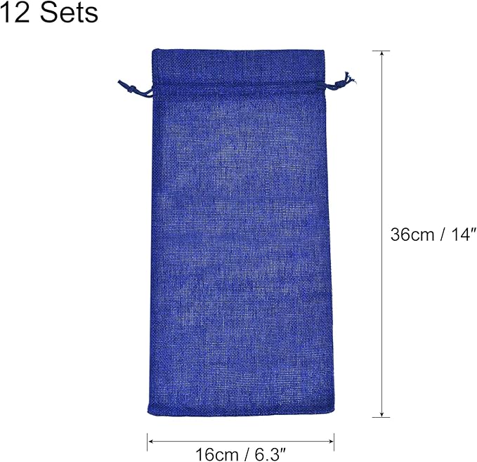 uxcell Burlap Wine Bags with Drawstrings, 12Pcs Wine Gift Bags Reusable Wine Bottle Bags with Ropes and Tags for Wedding, Birthday, Travel (14 x 6.3 In, Blue)