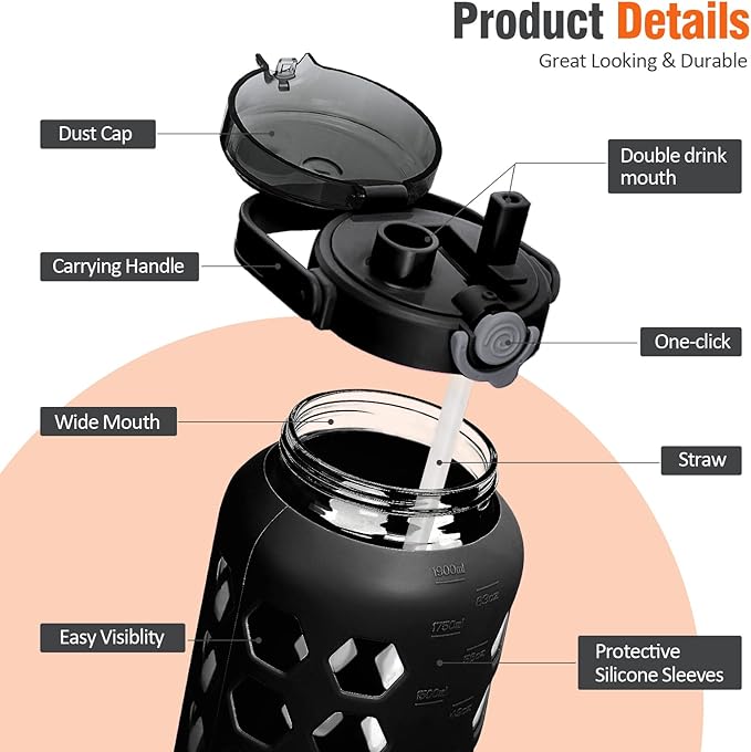 MUKOKO Half Gallon/64 oz Glass Water Bottles with Straw and Lid,Motivational Water Jug with Time Marker Reminder and Silicone Sleeve,100% Leakproof BPA Free Fitness Sports Large Bottle-Black