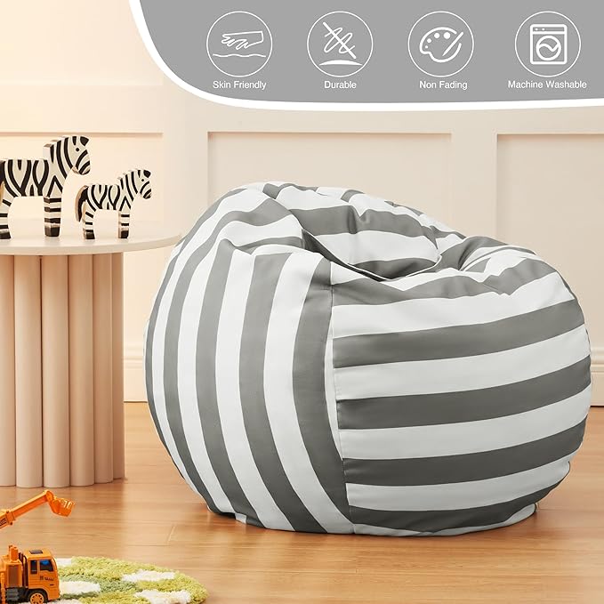 EXQ Home Kids Bean Bag Chairs Cover -Stuffed Animal Bean Bag Storage Grey and White Stripes-Zipper Bean Bag for Organizing Children Plush Toys Holiday Gift for Girl,Boys (2XL)