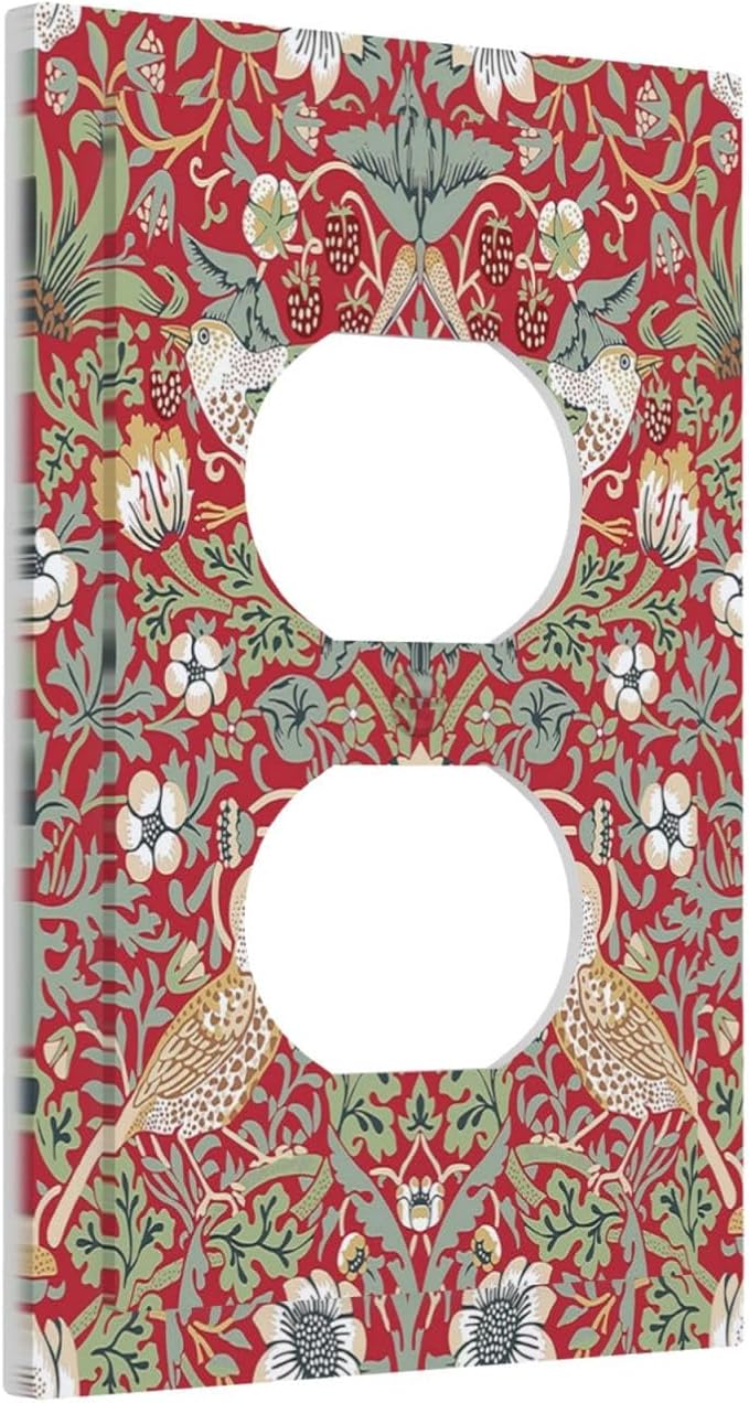 William Morris Strawberry Thief Botanical Red Green Single Duplex Wall Plate Covers Light Switch Cover 1 Gang Outlet Plate Decorative Switchplate Covers Electrical Faceplate for Country Bedroom Decor