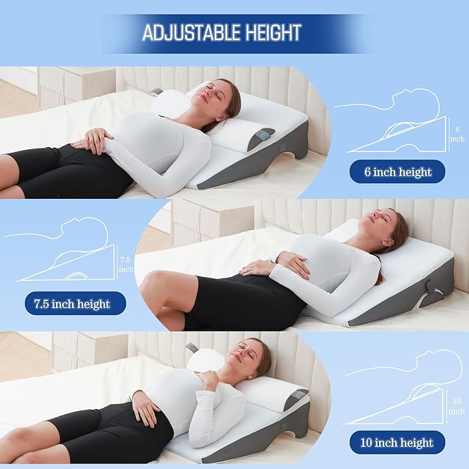Bed Wedge Pillow for Sleeping, 6 & 7.5 & 10 Inch Adjustable Height Wedge Pillows for After Surgery, 16-in-1 Memory Foam Triangle Pillow Wedge Relieve Acid Reflux, Gerd, Snoring