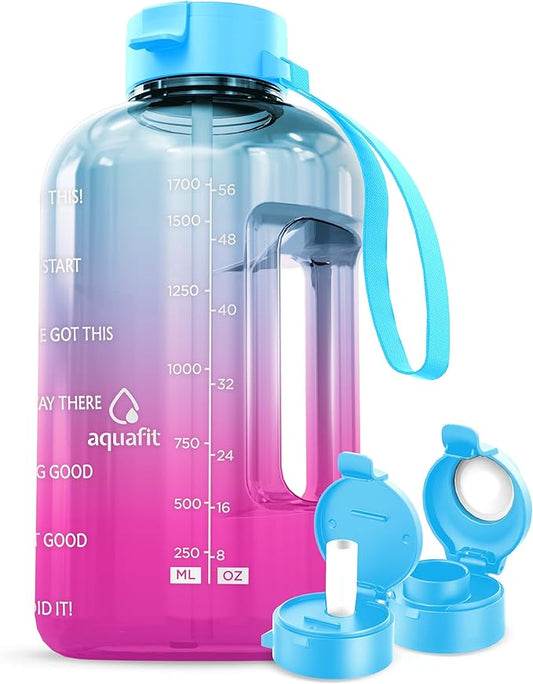 AQUAFIT 64 oz Water Bottle with Time Marker - BPA Free Half Gallon Water Bottle with Straw - Gym Water Bottle with Handle, Gallon Water Jug, Big Water Bottle, Large Water Bottle (Pink-Ice, 2 Lids)