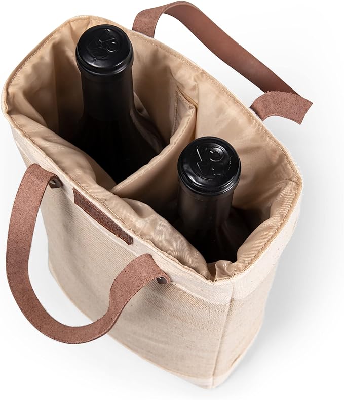 PICNIC TIME NFL Pinot - Jute 2 Bottle Insulated Wine Bag - Wine Tote Bag - Wine Gift Bag, (Beige)