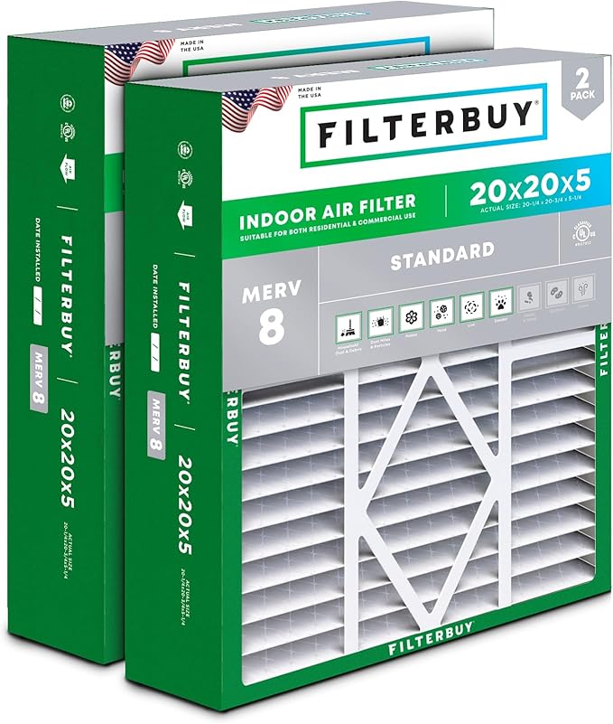 Filterbuy 20x20x5 Air Filter MERV 8 Dust Defense (2-Pack), Pleated HVAC AC Furnace Air Filters for Amana, Coleman, Goodman, Maytag, York, and More (Actual Size: 20.25 x 20.75 x 5.25 Inches)