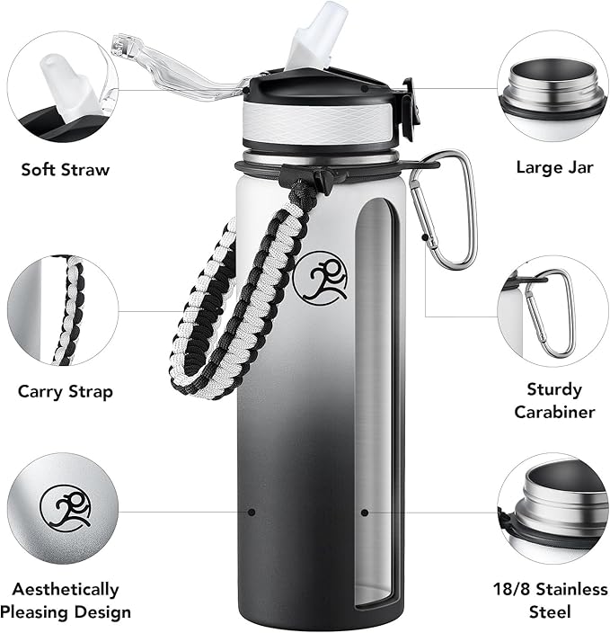 GOSWAG Insulated Sports Water Bottle, 24oz 2 Lids(with Straw/No Straw), Stainless Steel Water Bottles with Paracord Handle, Insulated Thermos with Double-Wall Vacuum Insulation