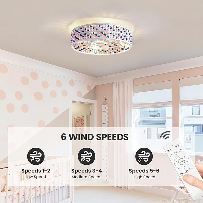 Moooni Colorful Wood Beaded Ceiling Fan with Light 19 inch Boho Wood Beaded Fandelier 6 Speed Flush Mount Ceiling Fan with Light Boho Fandelier