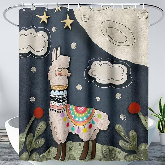 AILONEN Cute Llama Shower Curtain for Kids,Galaxy Llama Print Bath Curtain Gifts for Boys Girls,Polyester Waterproof for Bathroom with 12 Plastic Hooks 60" W*72" H