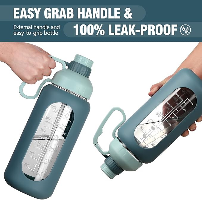 MUKOKO 64oz Glass Water Bottles with Straw, Half Gallon Water Bottle with Time Marker, Motivational Water Bottle with Silicone Sleeves,Large Glass Water Bottle for Gym,Working,Outdoor,Blue