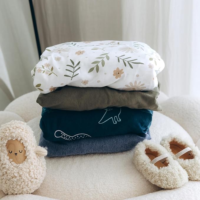 Mini Crib Fitted Sheet, 100% Cotton Knitted Jersey, Pack n Play Sheet, Breathable, Fitted Crib Sheets, Super Soft, Toddler Fitted Sheet,2 Pack,Dino/Denim Blue, 38x24x6