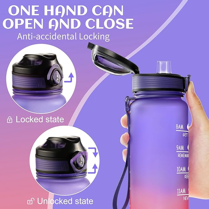 Water Bottle 32 oz, Motivational Sports Water Bottles Tritan BPA Free Water Bottle No Straw With Time Marker, Wide Mouth Leakproof Water Bottle with Strap for Gym Fitness Hiking Bike Camping - Purple