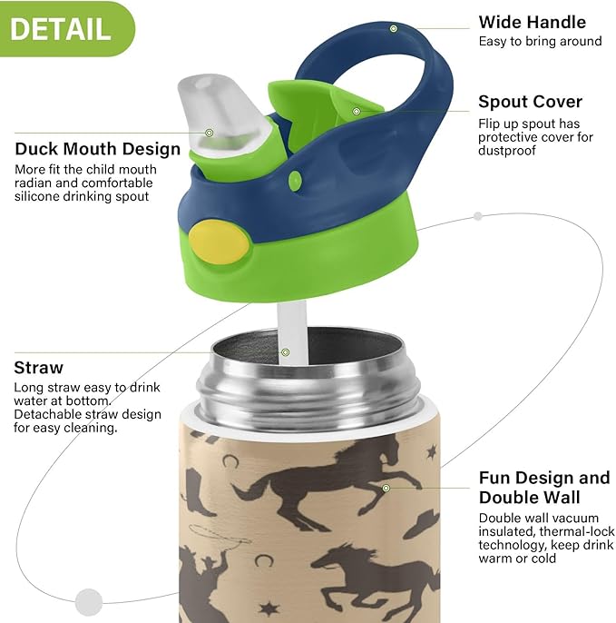 Cowboy Kids Water Bottle with Straw Male Black Horses Insulated Stainless Steel BPA-Free Sport Bottles for Boys Girls Toddlers 12 oz Green Lid