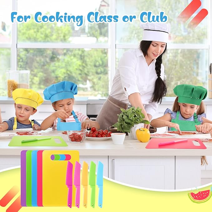 Sratte 20 Pcs Kids Apron and Chef Hat Set Kids Plastic Knife Set with Cutting Board, 5 Toddler Apron 5 Chef Hat 5 Kid Safe Knives 5 Kids Chopping Board for Baking Cooking Club, Preschool Class