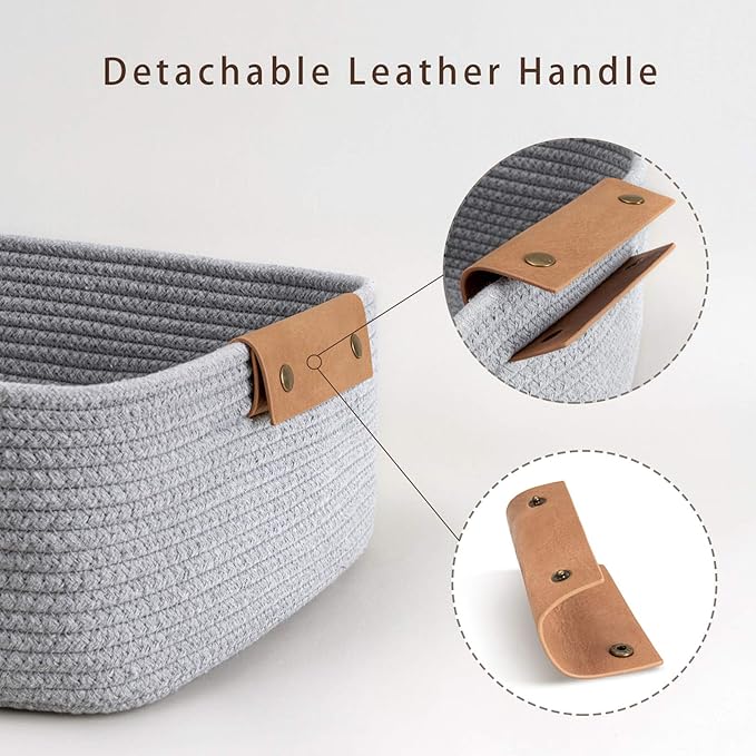 CHICVITA Rectangle Cotton Rope Woven Basket with Handles for Books, Magazines, Toys - Decorative Rectangle Basket for Baby Nursery, Living Room, Bathroom, Grey