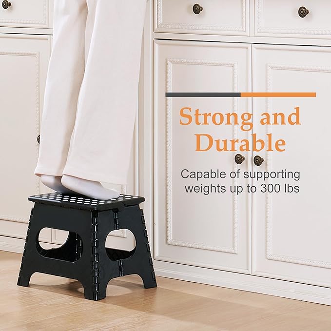 VECELO Folding Step Stool 11 Inch, Non-Slip Surface Portable Foldable 1 Step Stool with Carry Handle, Heavy Duty to Support Kids/Toddler/Adults for Living Room, Kitchen, Bathroom, Black