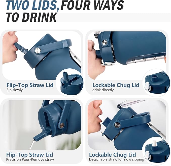 64 oz Glass Water Bottle with Straw and 2 Lids, Half Gallon Water Bottle with Sleeve, Large Insulated 2 Liter Glass Water Jug Time Marker with Handle - Dark Blue