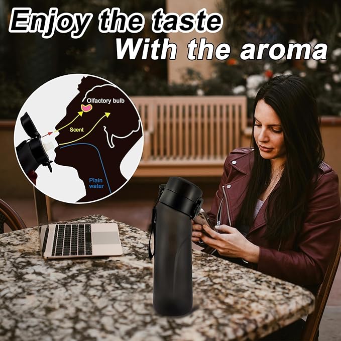 Air Water Bottle, Air Water Bottle with 5 Flavor Pods,750ml Scented Sports Water Bottle Set with Flavour Pods, 0 Sugar No BPA for Schools, Gym, Outdoor Sports (Black)