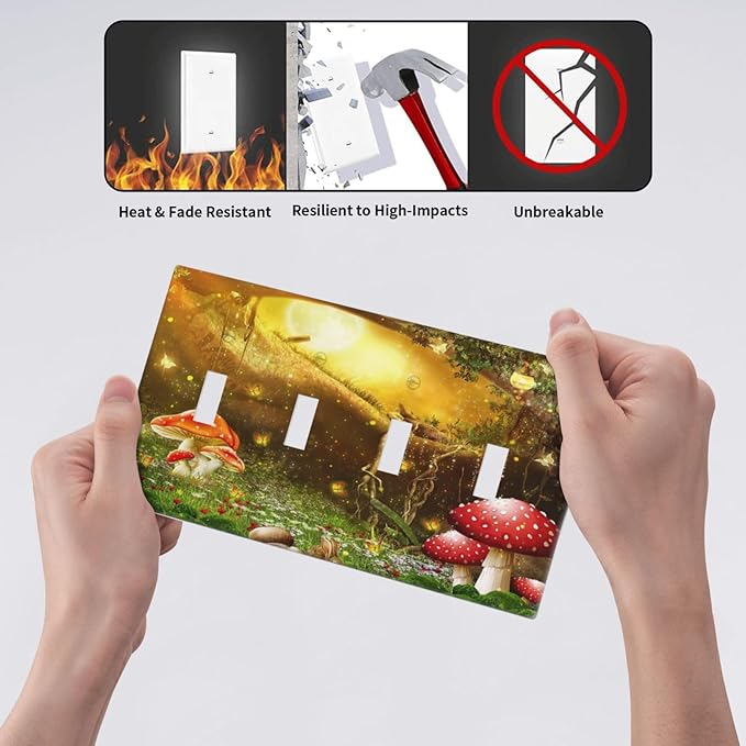 Red Mushroom Forest Fairy Moon Butterfly Quad Toggle Bohemian Light Switch Covers Decorative 4 Gang Wall Plate Electrical Faceplate Switchplate for Kidroom Nursery Bedroom Decor