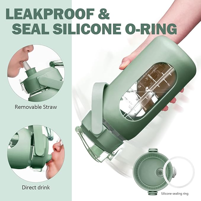 kytffu 64oz Glass Water Bottles with Straw, Half Gallon Motivational Glass Bottle with Silicone Sleeve and Time Marker, 2L Leakproof Large Glass Water Jug for Gym Home Office,olive