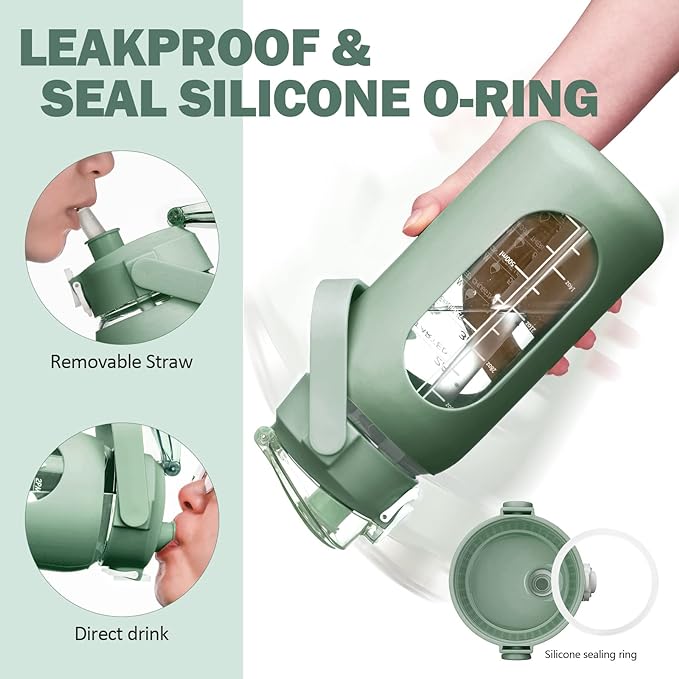 kytffu 42oz Glass Water Bottles with Straw, Motivational Glass Bottle with Silicone Sleeve and Time Marker, Leakproof Large Glass Water Jug for Gym Home Office,Olive