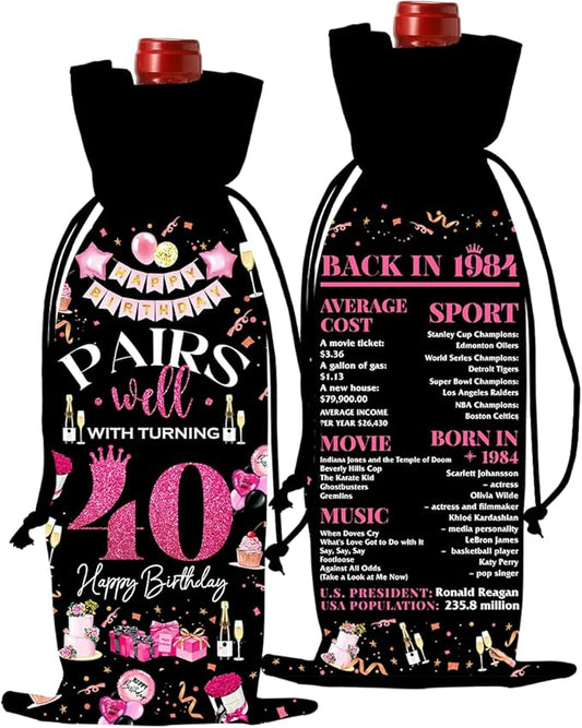 40th Birthday Gifts Women Men Wine Bag, 40 Year Old Birthday Gifts for Women Men, Happy 40th Birthday Party Decorations Woman Man, Pairs Well with Turning 40 Wine Bags (Black Pink)