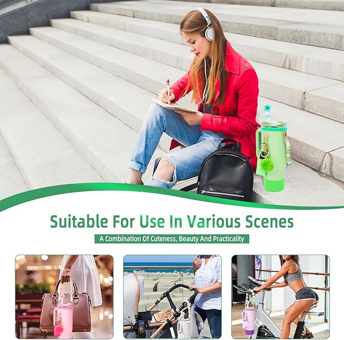 Stanley Cup Accessories Set Including 1 Pcs Water Bottle Handle Strap, 1 Pcs Siliocne Straw Cover, 1 Pcs Siliocne Stanley Cup Boot, 3 Pcs Stanley Charms for Stanley Cup 40oz & 30oz Tumbler - Green