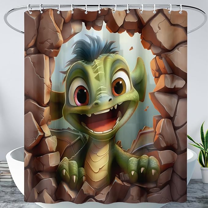 AILONEN Cartoon Dinosaur Shower Curtain for Kids,Funny Green Dinosaur Shower Curtain for Bathroom,Girls,Cute Animal Shower Curtain Set with Hooks,72" W*78" H