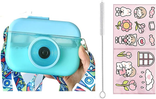Blue Camera Bottle Travel Cup with Straw Birthday Party Gift Ice Drinking Water Bottle Mug with Strap Picnic (camera blue, 400 ml)