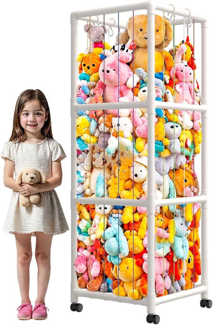 Stuffed Animal Storage, Extra Large Plush Toys Storage Holder, Stuffed Animal Zoo StorageTriple Decker with Pulleys Shelf with Elastic Band for Playroom Bedroom Nursery Birthday Gift