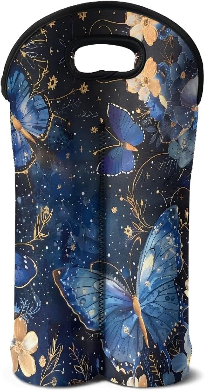 doginthehole Neoprene Wine Tote 2 Bottle Aesthetic Blue Butterfly Floral Wine Carrier Bag with Carry Handle for Travel, Portable Wine/Champagne/Beer/Water Bottle Carrier Bag